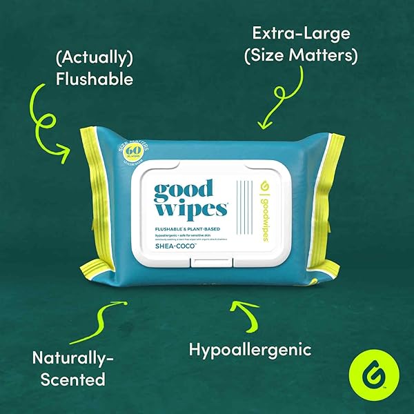GOODWIPES FLUSHABLE & PLANT-BASED WIPES WITH BOTANICALS | DISPENSER FOR AT-HOME USE | SHEA-COCO WITH ALOE SEPTIC AND SEWER SAFE | 60 COUNT (1 PACK) – BIGGEST ADULT WIPES