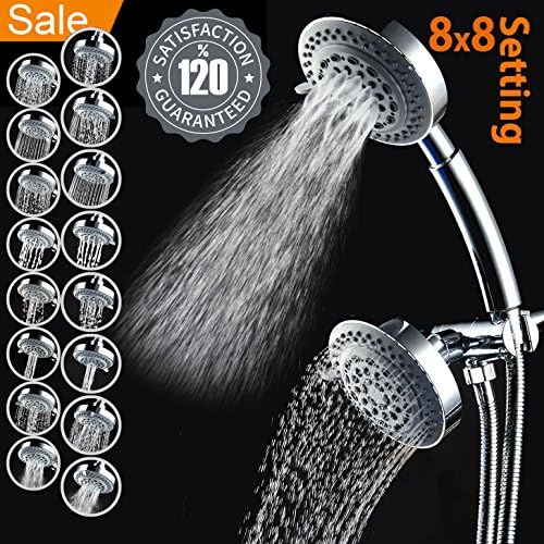 Universal Chrome 8x8 Function Combo 3-Way Fixed + Hand-held Shower Head w/ 5 ft Hose American Standard ShowerHead, Bracket, Anti-Clogging Nozzles, High/Low Pressure Water Saving Rain Massage Spa