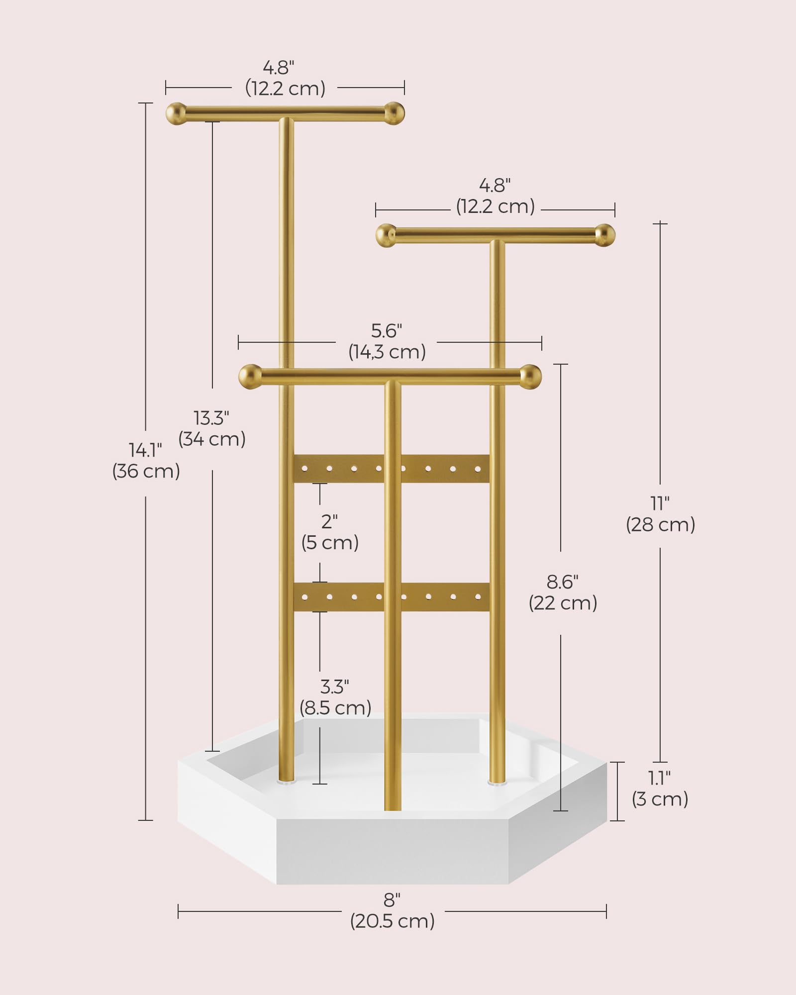 SONGMICS Jewelry Holder, Jewelry Organizer, 3 Tiers and 1 Tray, Jewelry Display Stand with Metal Frame, Necklace Earring Bracelet Holder, for Rings, Pale Gold and White UJJS003A01