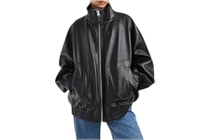 HiFacon Womens Oversized Premium Leather Bomber Jacket - Zip-Up Outerwear