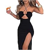 Milumia Women's Criss Cross Cut Out Halter Dress Sexy Backless Slit Hem Maxi Dresses Rave Party