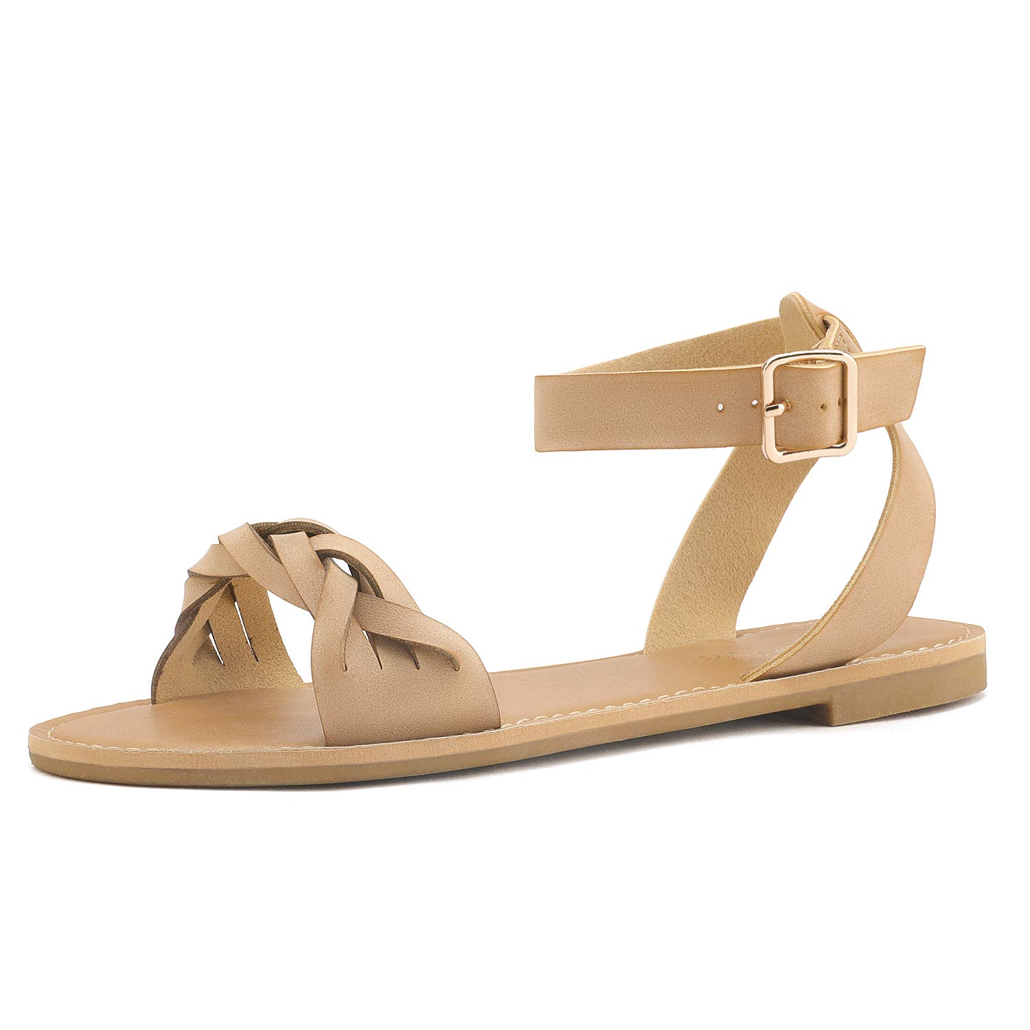 DREAM PAIRS Nude Pu Summer Sandals for Women Casual Open Toes Ankle Straps Buckle Fashion Flat Sandals, Soft Faux…