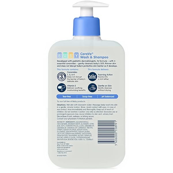 CERAVE BABY WASH & SHAMPOO, 2-IN-1 TEAR-FREE FOR SKIN HAIR FRAGRANCE, PARABEN, DYE, PHTHALATES SULFATE FREE BATH, SOAP WITH VITAMIN E 16 OUNCE