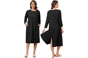 Liokoc Flannel Hospital Gowns for Women Zipper Open Back Post Shoulder Surgery Dress Thermal 3/4 Sleeve Adaptive Clothing