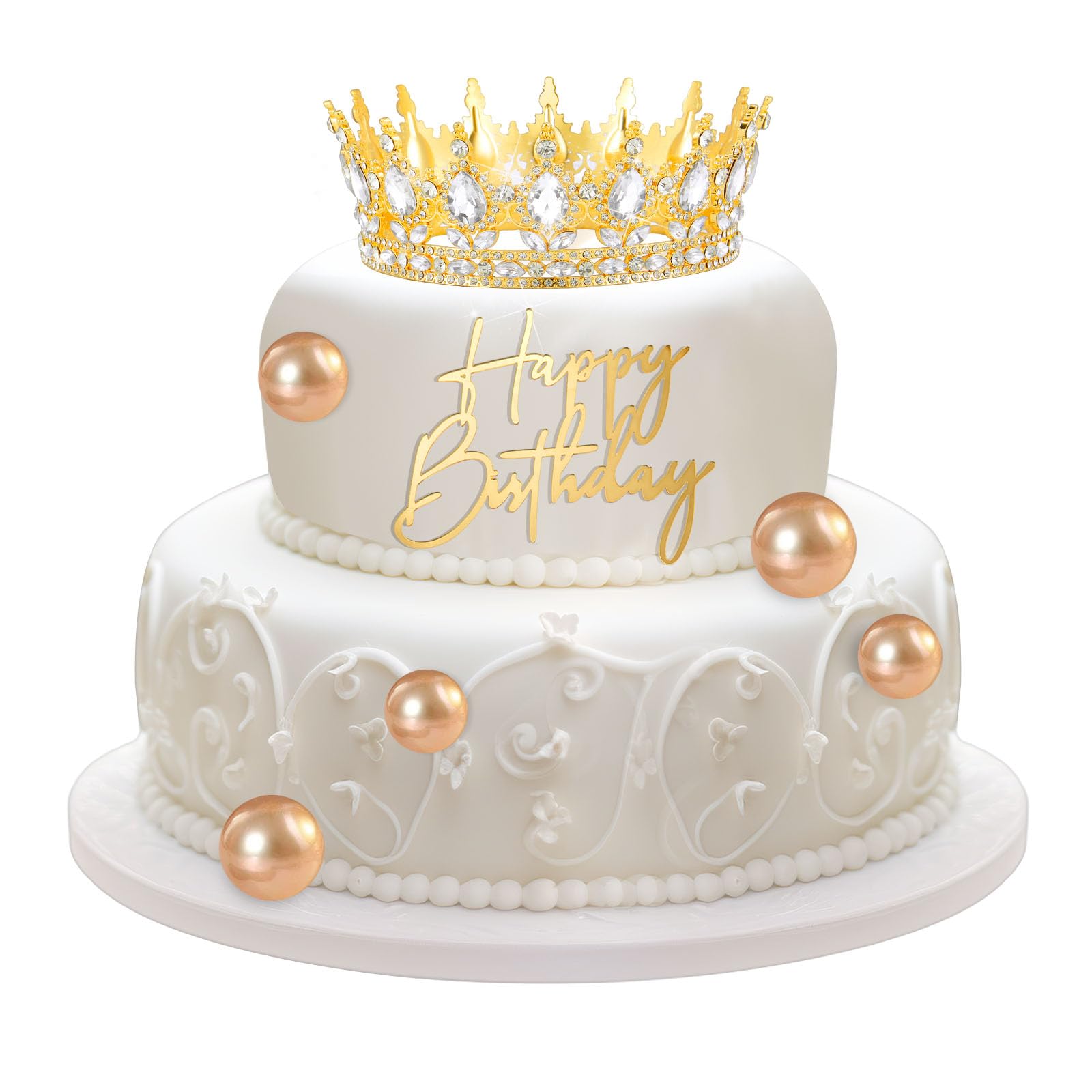 Photo 1 of Otuuz 8 Pcs Gold Queen Crown Birthday Cake Topper for Women Rhinestone Crystal Tiara Wedding Happy Birthday Cake Decoration Foam Balls Decor for Queen Princess Party Photo Props