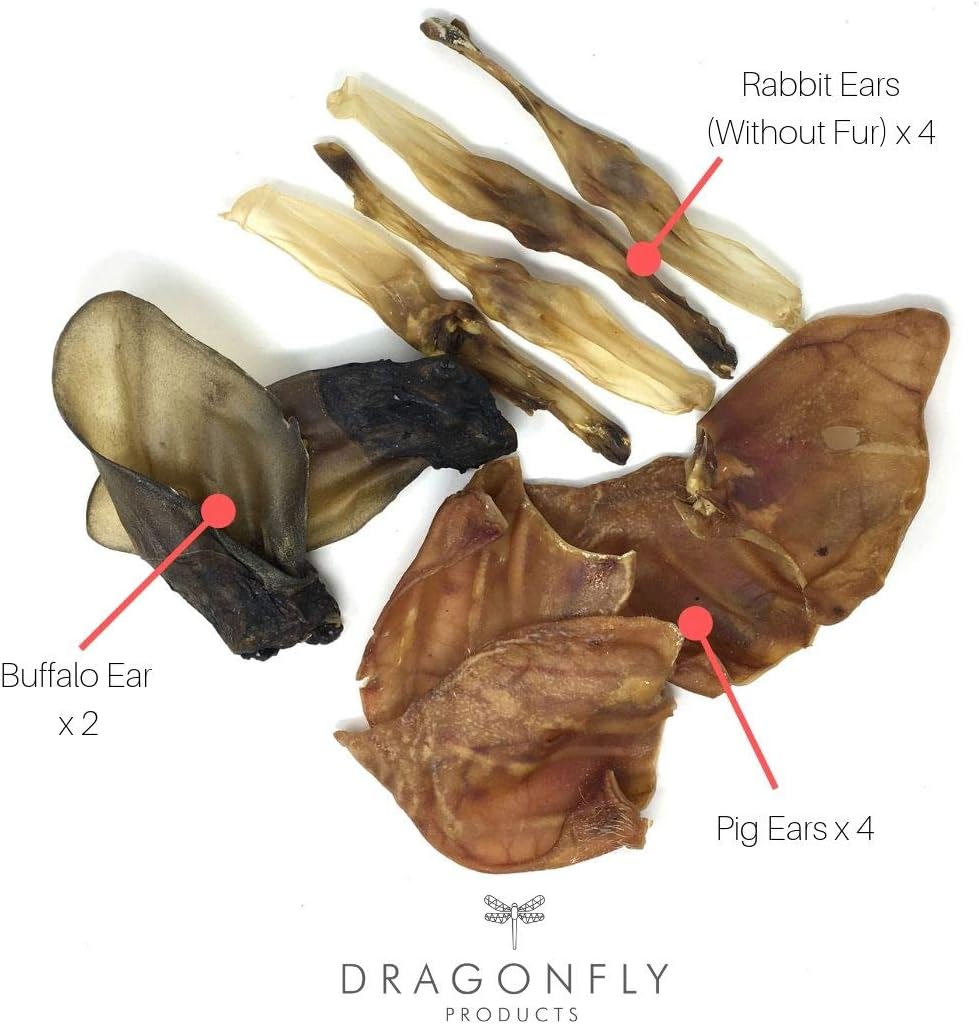 Dragonfly Products Mixed Variety Bag of Rabbit Ears, Buffalo Ears, Pig Ears For Dogs – Natural, Healthy Chews, Rawhide Free 10 pieces (Mixed Ears Pack - Fur Off)