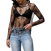 Mesh See Through Long Sleeve Tops Lace Blouse Coverups