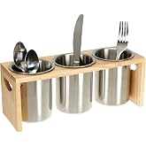ZOOFOX Silverware Holder for Countertop, Wood Stainless Utensil Caddy | Stainless Steel Utensil Holder with Wood Base. Ideal Flatware Organizer for Kitchen Countertops, Daily Dinners and Parties.