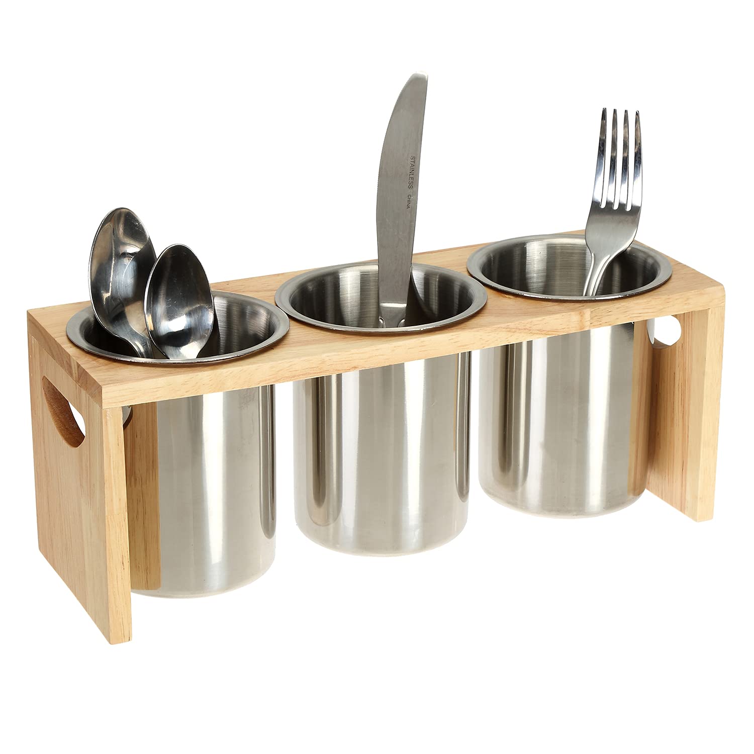Photo 1 of ZOOFOX 3 Pack Silverware Holder, Stainless Steel Utensil Organizer with Wood Base, Flatware Caddy for Spoons, Knives and Forks, Great for Kitchen Table, Cabinet, Pantry