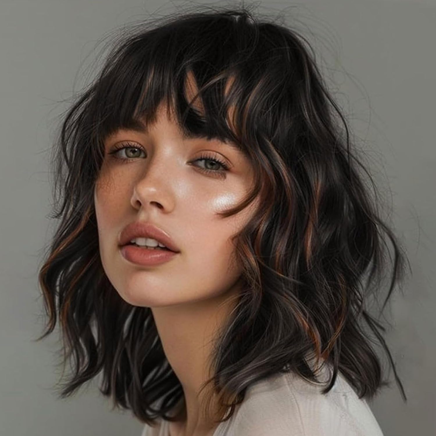 ColorfulPanda Short Curly Black Bob Wigs for Women with Brown Hightlight Synthetic Hair Wig with Fringe Bangs (10 inch) โ image 1