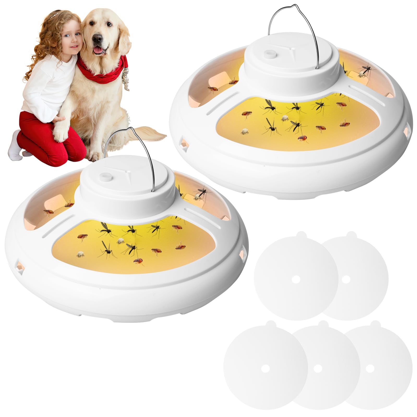 PRITOK 2 Pack Flea Trap for Home & Outdoor - Electric Flea Lamp with 10 Sticky Pads, 3 Modes UV Light Pet-Safe Insect Killer for Fleas, Mosquitoes, Moths | Non-Toxic & USB Rechargeable (Moon White)