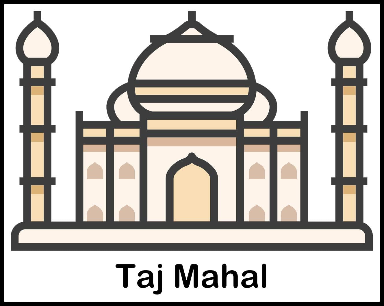 Simple Travel Vacation Tourist Attraction Cartoon Icon Vinyl Sticker (12" Wide, Taj Mahal with Border)