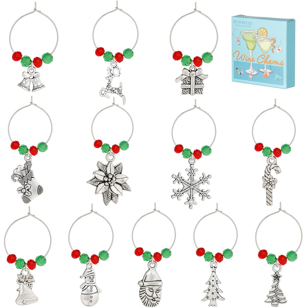 SUNNYCLUE 1 Box 12Sets Christmas Wine Charms Silver Wine Glass Identication Charm Red Green Glass Beads Beading Hoops Wine Marker Rings Snowman Snowflake Party Wine Markers for Stemless Glasses UK