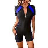 OYOANGLE Women's Colorblock Zipper Front Sport One Piece Swimsuit Shorts Romper Bathing Suit Swimwear