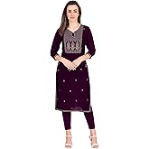 ladyline Womens Rayon Slub Embroidered Kurti Tunic Kurta Slits Embroidery