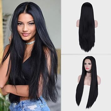 Amazon Com Pinkshow Long Straight Wig Black Lace Front Wig For