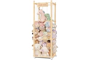 BENCHRY Stuffed Animal Storage, Wooden Cute Zoo Toy Holder with Brake Wheels, Space Save Toy Organizer, Large Capacity Stuffed Animal Holder, Perfect for Nursery Playroom Kidroom Bedroom-54 Inch