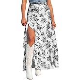 Pinclodly Floral Skirts for Women 2025 Casual High Waisted Wrap Beach Boho Skirt Summer Flowy Ruffle Maxi Skirt with Slit