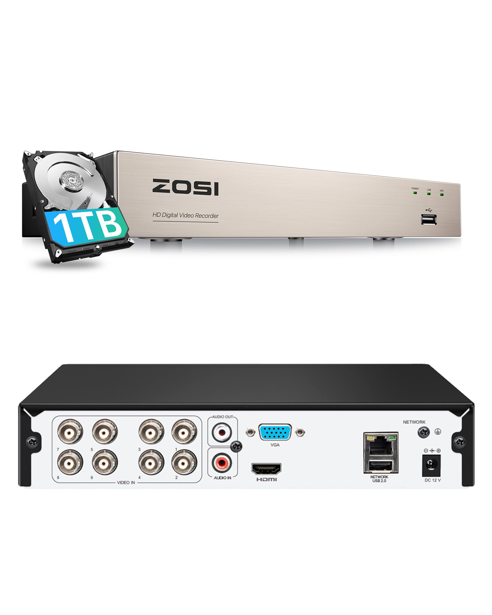 ZOSI 8CH H.265+ 1080P Surveillance DVR Recorder with 1TB Hard Drive Motion Detection Email Alert QR Code Scan Quick Remote Access View Security Camera System, w/1TB HDD 8CH DVR w/1TB HDD