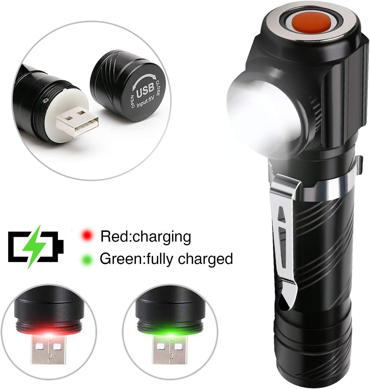 Litetugo LM90 Right Angle Flashlight Small USB Rechargeable LED Tactical Flash Light, 90