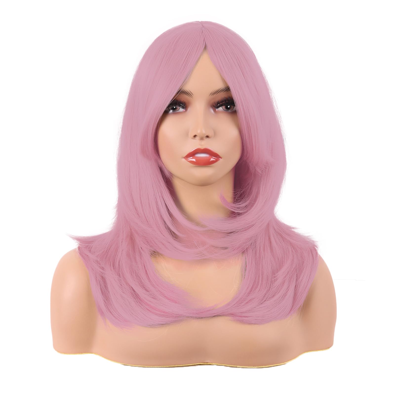 MapofBeauty 20 Inch/50 cm Long Layered With Bangs Straight Synthetic fiber Shoulder Length Hair for Daily Use or Party Wig (Pastel Pink) — image 1