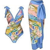 Women's One Piece Swimsuit with Beach Cover up Wrap Skirt Sarong Retro Floral Print Bikini Set Two Piece Bathing Suit