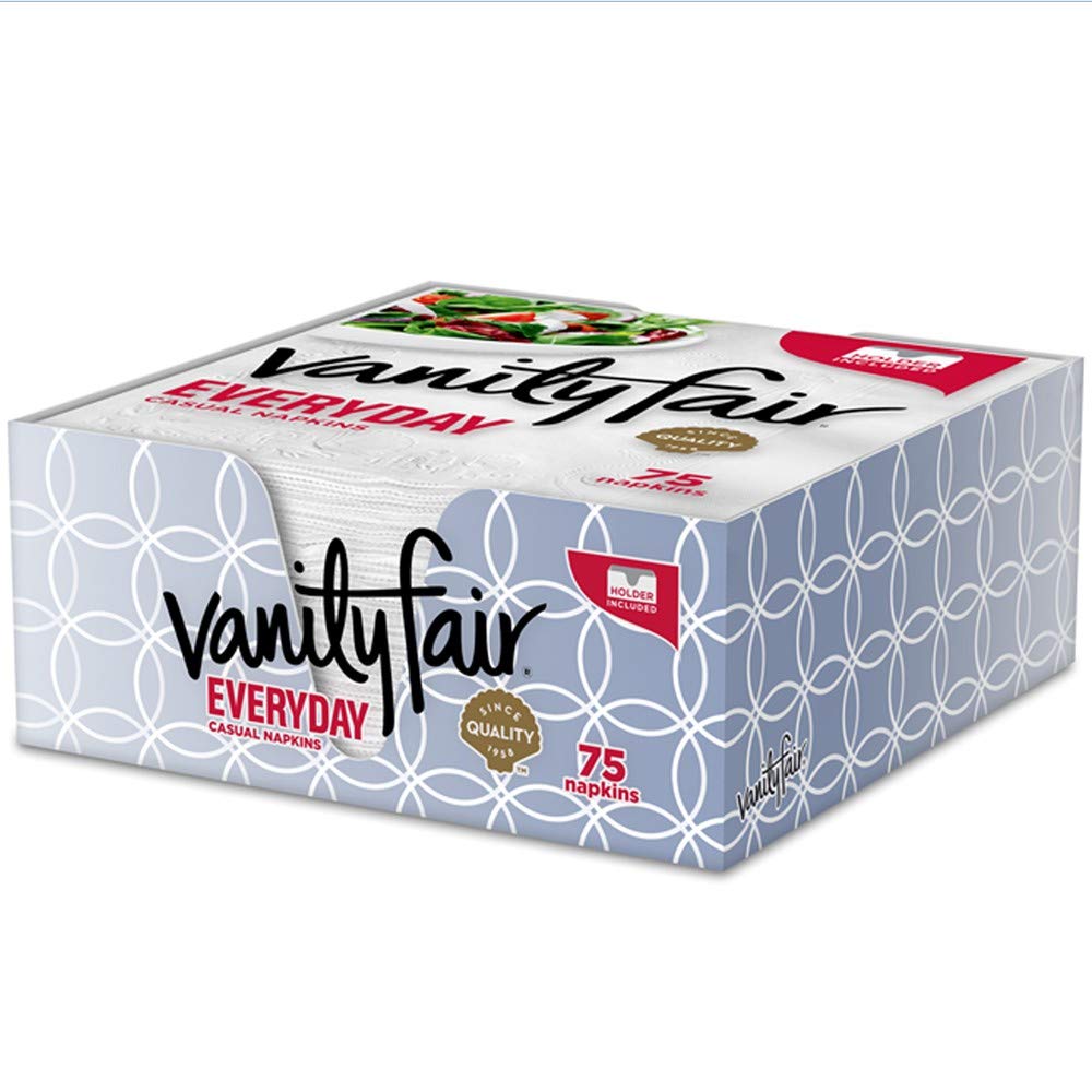 Vanity Fair Everyday Paper Napkins, 75 count, White Napkins in a Printed Disposable Dispenser