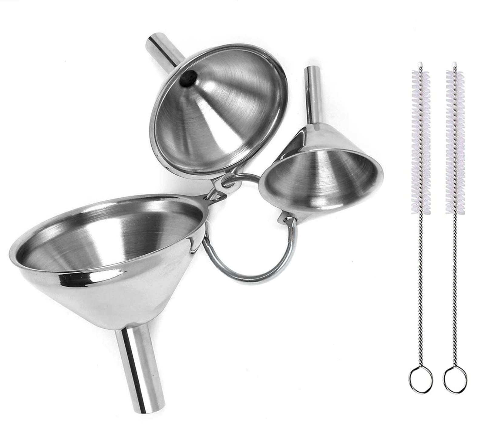 Pack of 3 Funnel Kitchen Stainless Steel with 2 Cleaning Brushes, Stackable Small Funnel, Mini Funnel Kitchen Strainer Filling Funnel for Transfer Liquids and Powder
