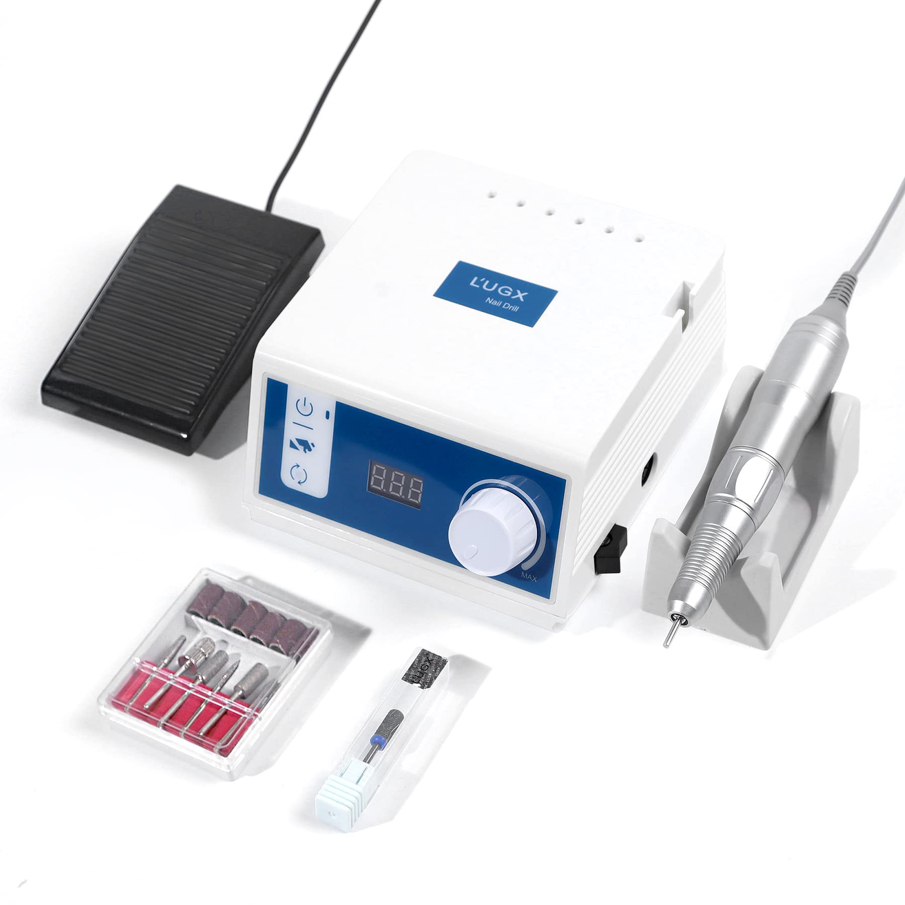 Photo 1 of L'UGX Professional Nail Drill, 45000RPM Brushless Electric Nail File Manicure Pedicure with 7 Drill Bits, Perfect for Home Salon Use, Foot Pedal, Low Noise and No Vibration