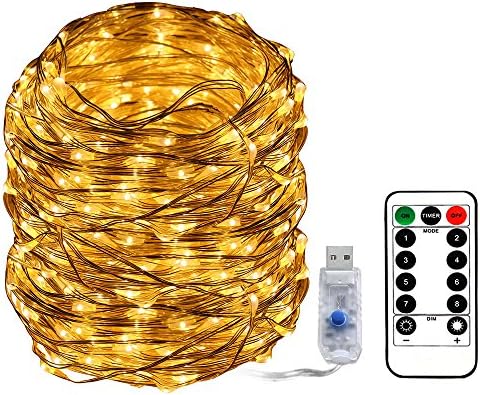 Areskey LED Fairy String Lights - 33ft 100 LED USB Powered Waterproof 8 Modes Remote Control Copper Wire Firefly Lights for Christmas Halloween Holiday Wedding Party (Warm White)