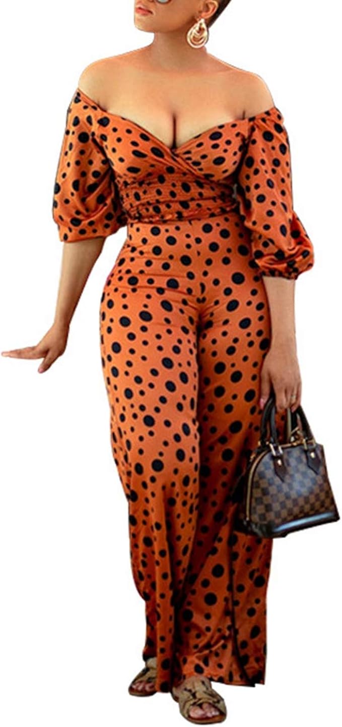 orange polka dot jumpsuit