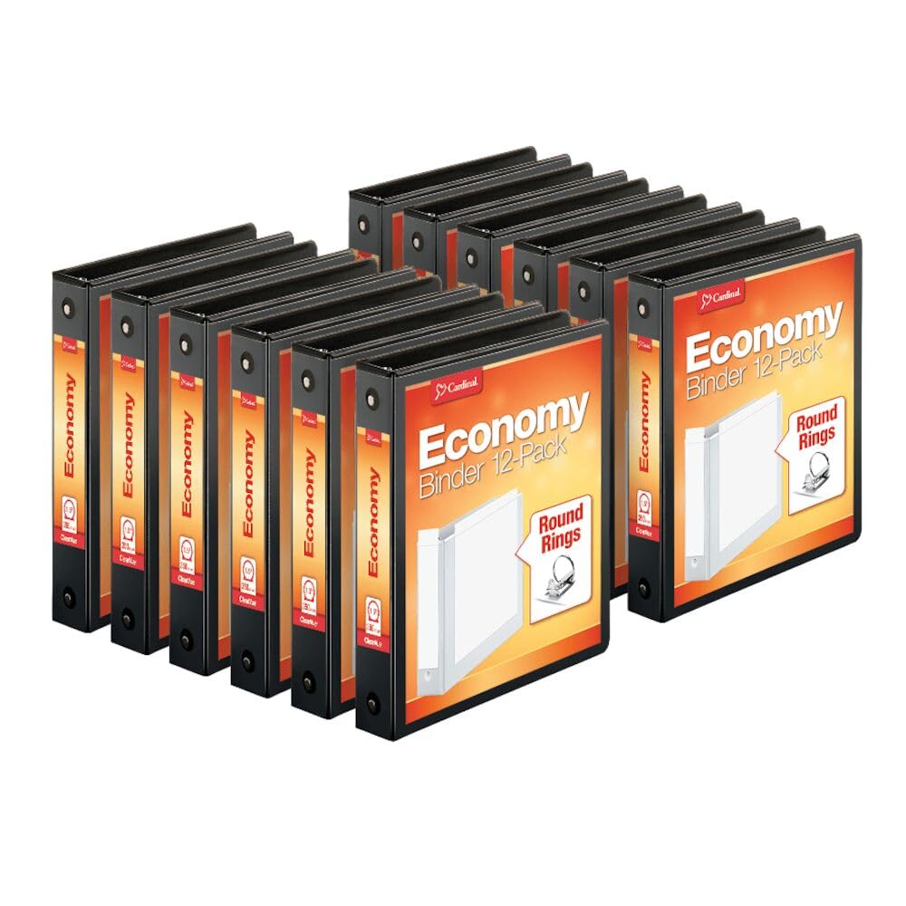 Photo 1 of Cardinal Economy 3-Ring Binders, 1.5", Round Rings, Holds 350 Sheets, ClearVue Presentation View, Non-Stick, Black, Carton of 12 (90630)