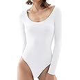 PUMIEY Women's Scoop Neck Long Sleeve Bodysuit Body-hugging Sexy Tops Smoke Cloud Collection