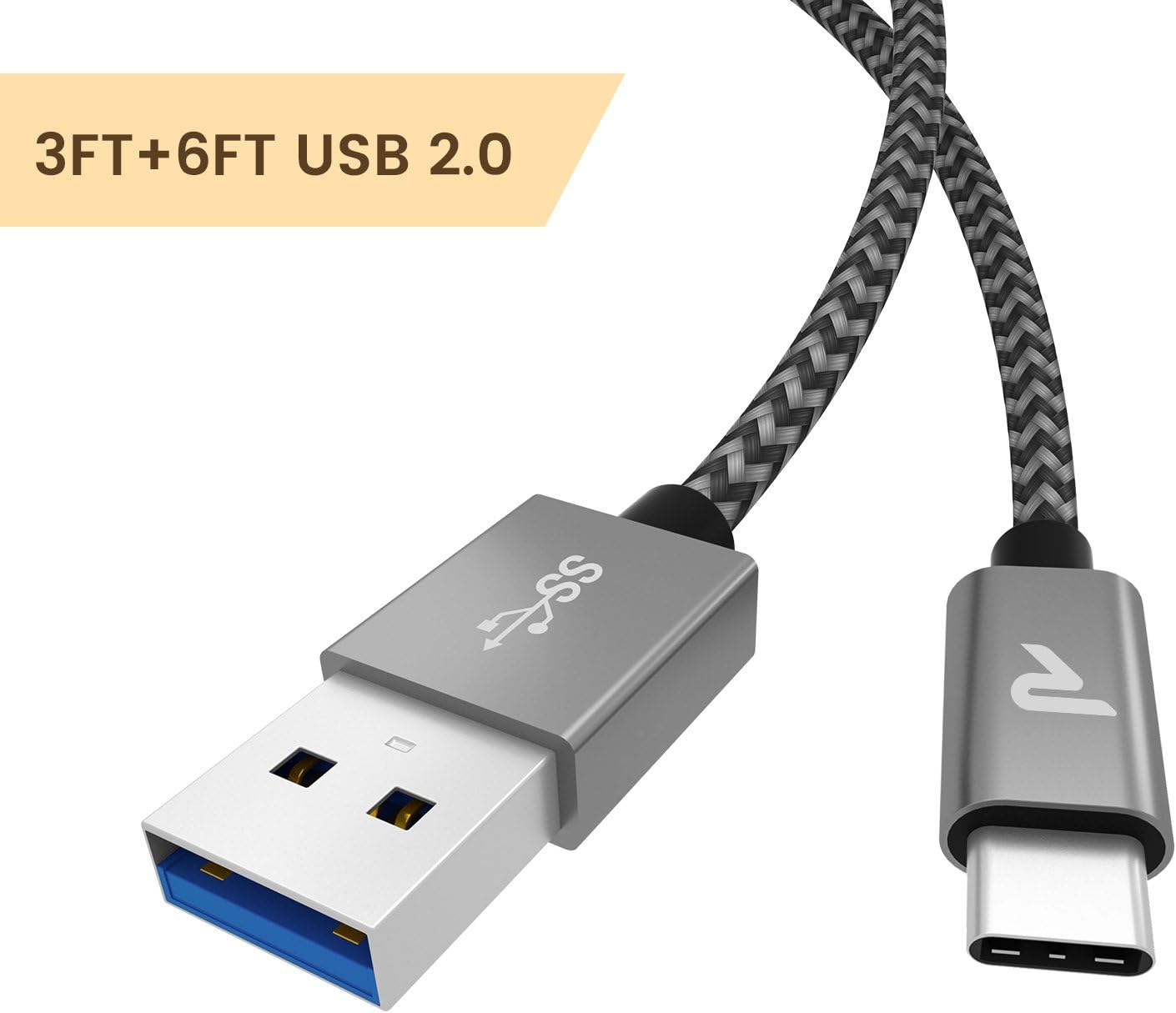 USB-C Cable USB 2.0 Nylon Braided Type-C Charger for Galaxy S8, LG G5, Google Pixel, Nexus 6P - 3ft+6ft Silver