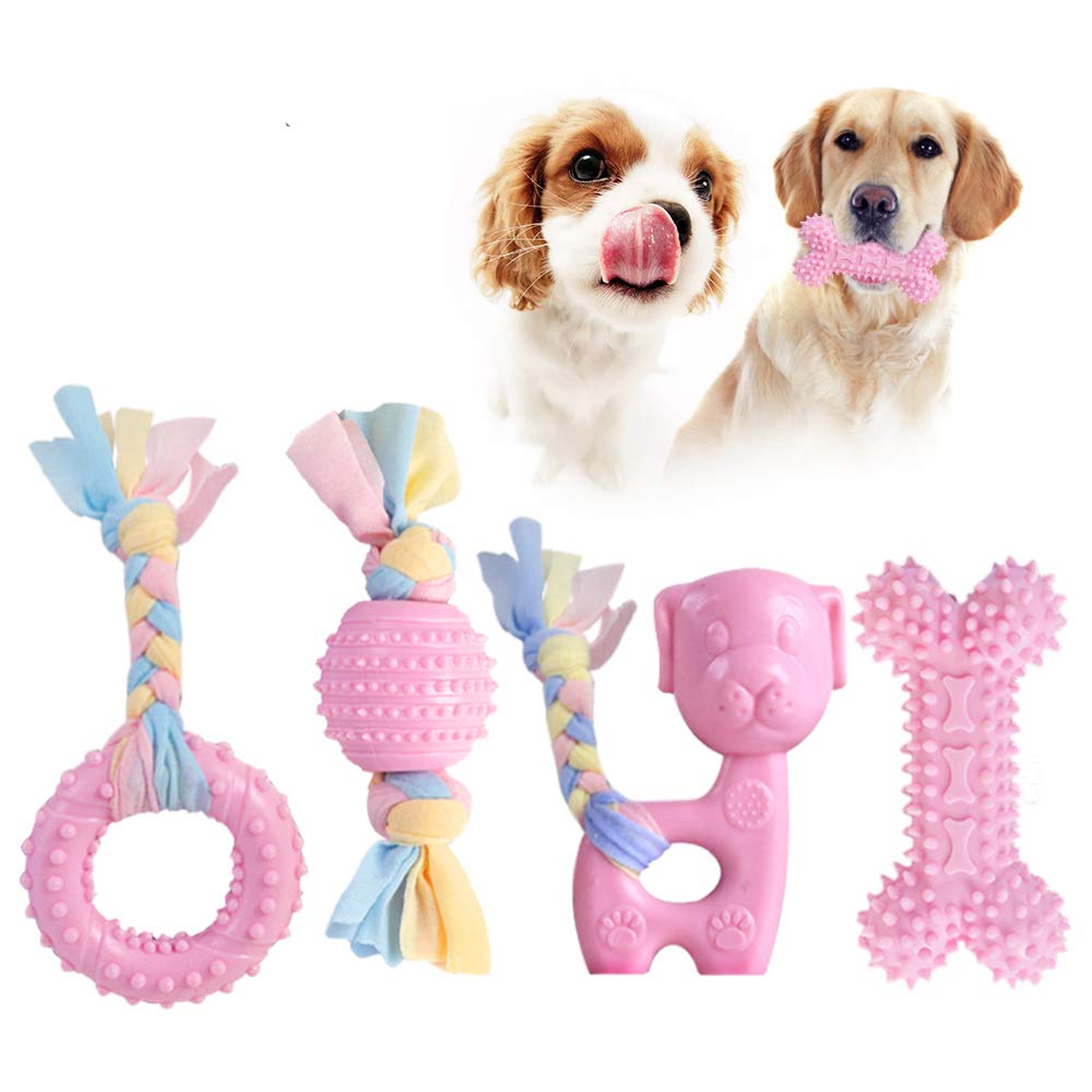 JYPS Puppy Chew Toys, 4pcs Dog Teething Chewing Toy Set with Ball and Cotton Ropes, Aggressive Chew Toys, Interactive Pet Toys Gift Pink for 8 Weeks Small Puppies and Medium Dogs (pink)