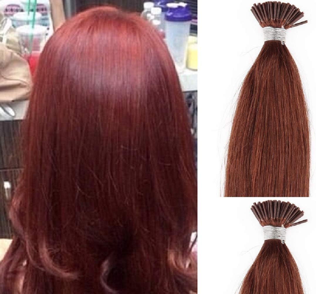 Hair Faux You 22" Remy Straight Pre bonded I Tip Human Hair Extensions Professional Salon, 100 grams 125 strands Per Package, Color #33 Dark Auburn