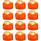 Battery Operated Flickering Orange Flame Tea Lights with 6H Auto Timer | Melted Design, No Remote, 12 Pack Flameless LED Tealight Candles for Halloween Thanksgiving Diwali Party Decoration