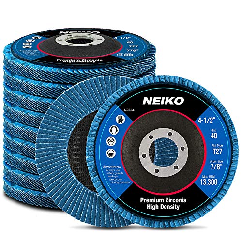 Neiko 11255A High Density Jumbo Premium Zirconia Flap Disc | 4.5" x 7/8-Inch, 40 Grit, Flat Type #27-10 Pack