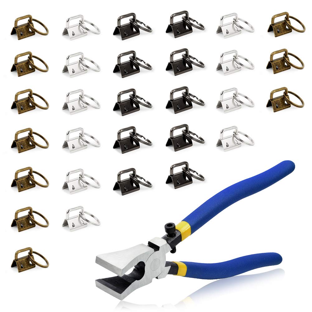 SPEEDWOX 30 Pieces Key Ring Bulk Fob Hardware Set with Split Rings and Glass Breaking Pliers for 0.8 Inch Webbing Fabric Strapping Wristlet Multicolor Key Fob Antique Black/Antique Brass/White Nickel