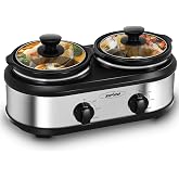 Sunvivi Dual Slow Cooker, Buffet Server and Food Warmer, Small Mini Pot with 3 Adjustable Temp &amp; 2 Visible Glass Lids, for Parties, Holidays and Entertaining, Stainless Steel, 2 * 1.25 Quarts