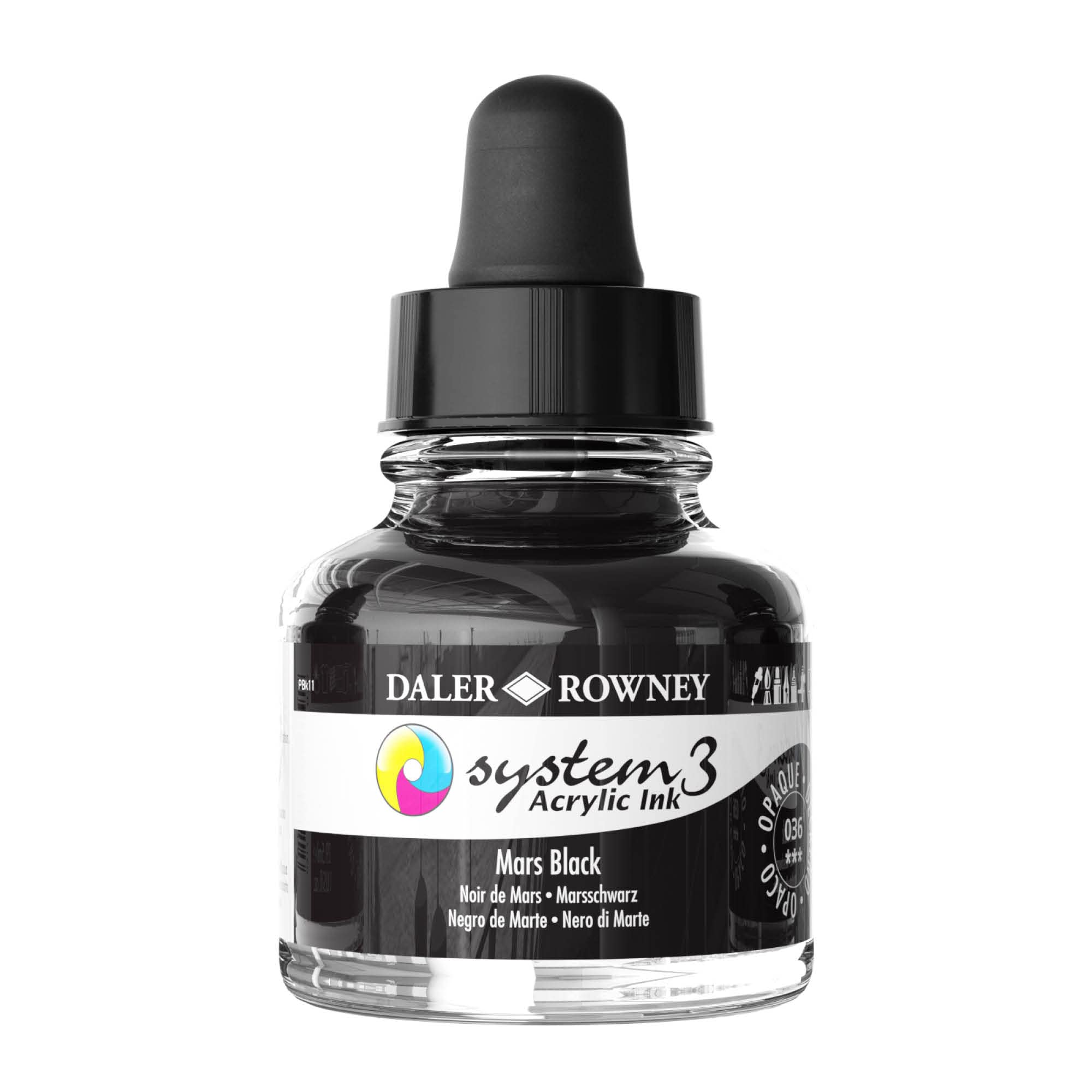 Daler-Rowney System3 Acrylic Ink, Glass Bottle with Dropper, Opaque, 1oz - 29.5 ml, Mars Black