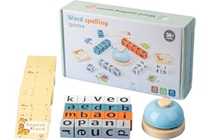 Wooden Word Spelling Game with Bell, 20 Alphabet Blocks Board Games with 54 Flash Cards, Funny Travel Spelling Letter Games, 