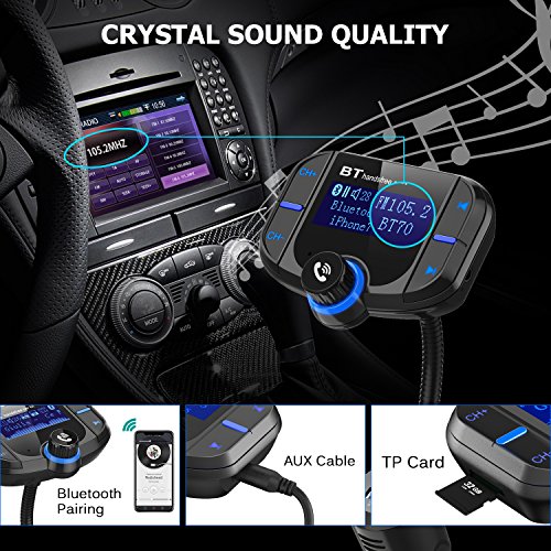 HiGoing Bluetooth FM Transmitter for Car, Wireless Radio Adapter Receiver with QC3.0 USB Ports, 1.7 Inch Disply and Hand-Free Calling, Suport TF Card, AUX Output/Input