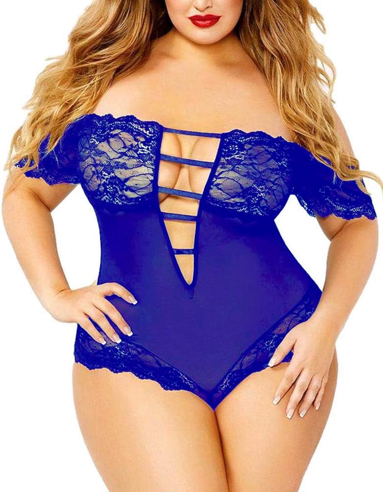 Plus Size Lingerie for Women, Sexy Off-Shoulder See Through Sheer Mesh Plunging Lace Trim Teddy