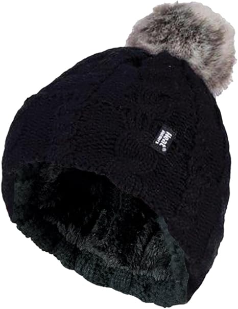 Heat Holders Ladies Warm Knit Fleece Lined Cuffed Thermal Winter Bobble Hat With Pom Pom One Size Black Amazon Co Uk Clothing