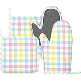 Pretty Pastel Checkered Stripe Elegant Oven Mitts and Pot Holders Set of 4 Silicone Heat Resistant Oven Mitten Potholders Non Slip Gloves Kitchen Decor for BBQ Cooking Grilling Baking