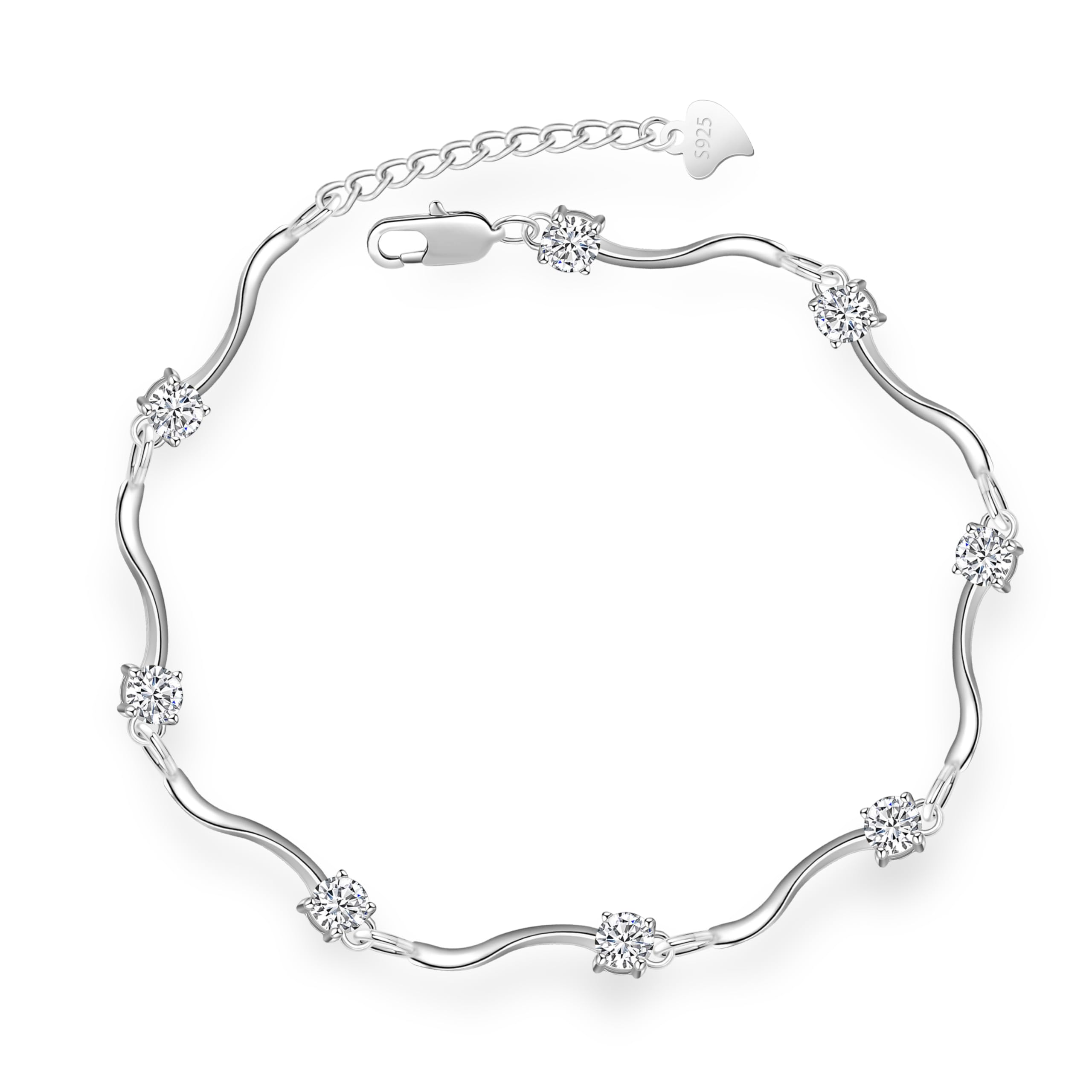 KristLand Cubic Zirconia Silver Bracelet 925 Sterling Silver Bracelet White Gold Plated Adjustable Silver Bracelet Sparkly Stone Hand Chain Anniversary Birthday Gifts for Women Ladies Girl