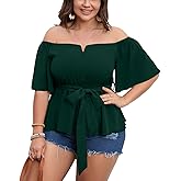 SCOMCHIC Women's Plus Size Off The Shoulder Peplum Blouse Top Half Bell Sleeve Tie Waist Ruffle Hem Babydoll Tops