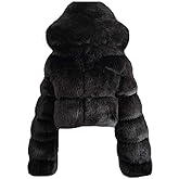 Women Short Faux Hooded Warm Furry Splicing Jacket Long Sleeve Outerwear