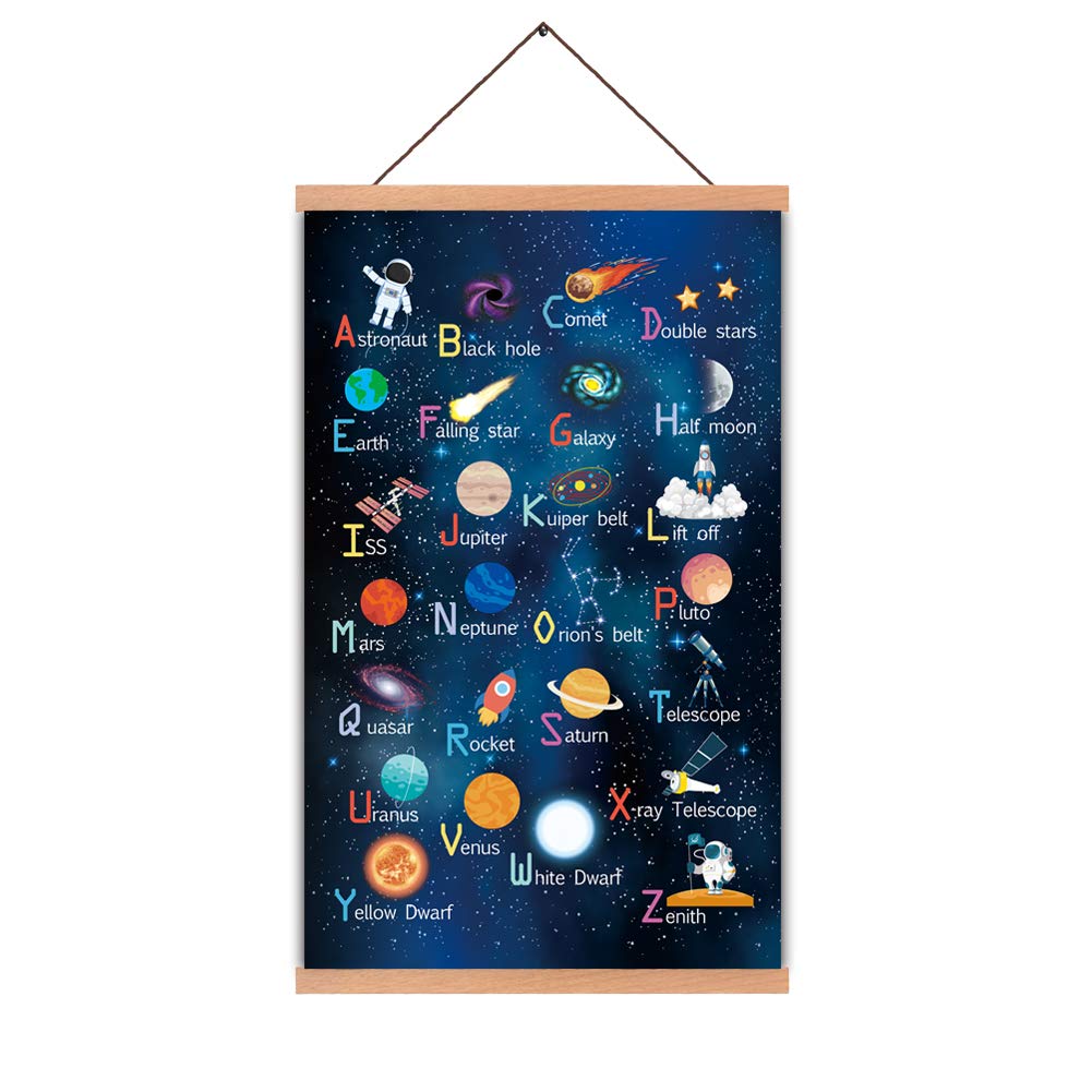 KAIRNE Outer Space Art Print With Wood Magnetic Poster Hanger Frame, Abstract Universe Educational Poster,Astronomy Alphabet Letters Canvas Wall Art